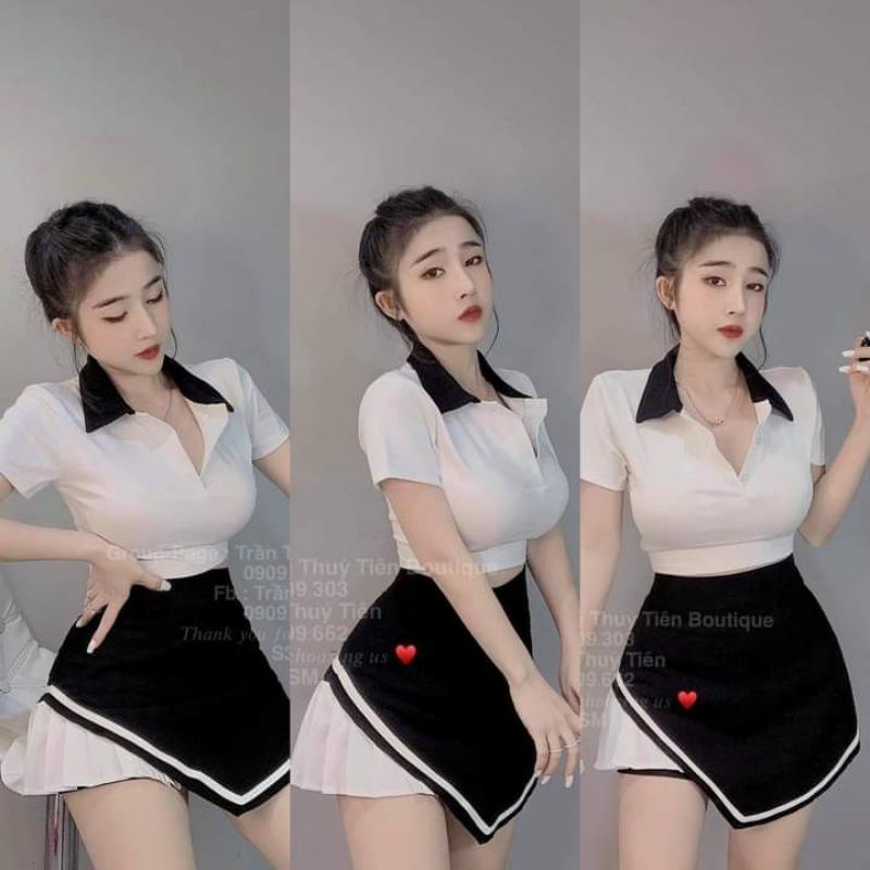 Set áo thun + váy tà viền xếp ly
