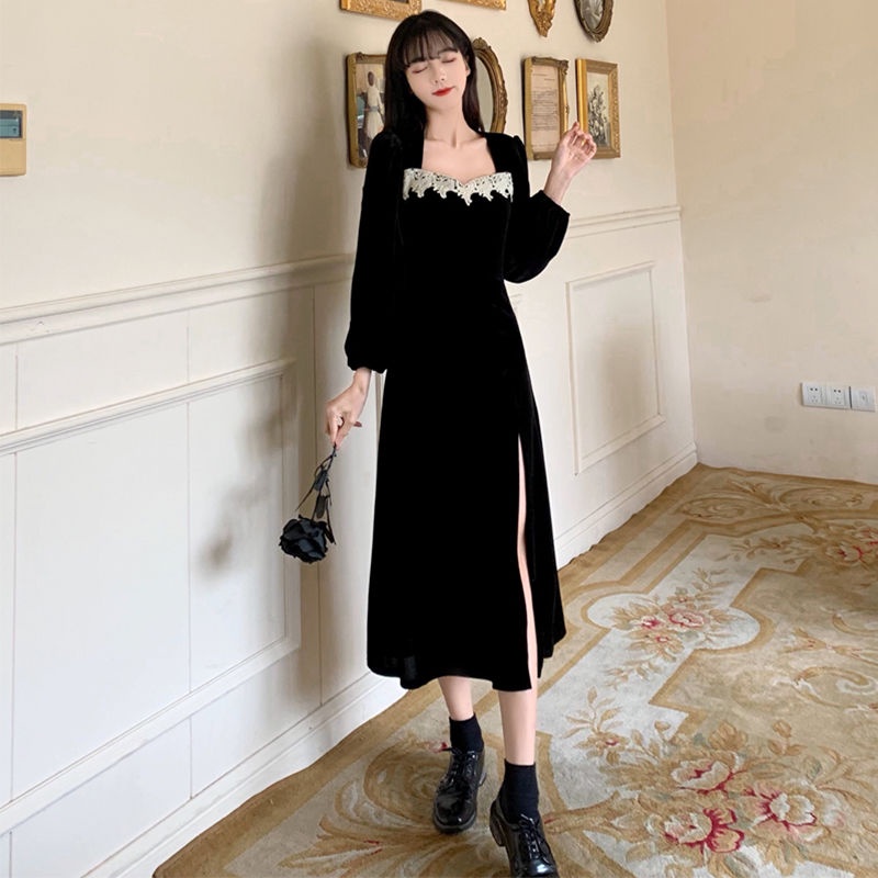 COZOK Đầm Dài Tay Xẻ Tà Thời Trang Trẻ Trung