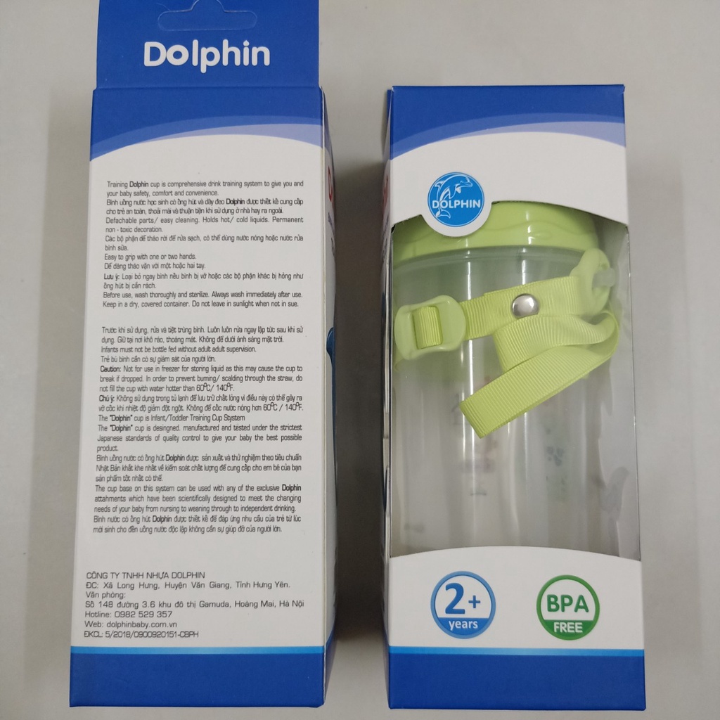Bình nước cho bé, bình nước có ống hút 450ml Dophin cho hoc sinh, có dây đeo cho bé đi học, bình tập uống nước,không BPA