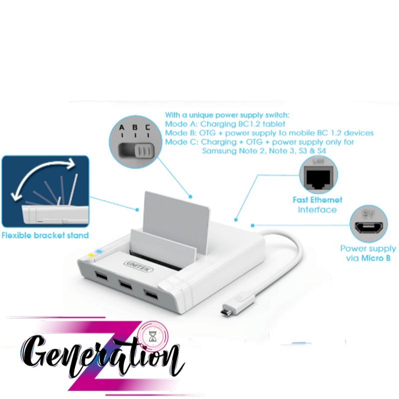 Hub USB 2.0 3 Ports + LAN + OTG Dock Unitek (Y - 2175) - Hàng chính hãng