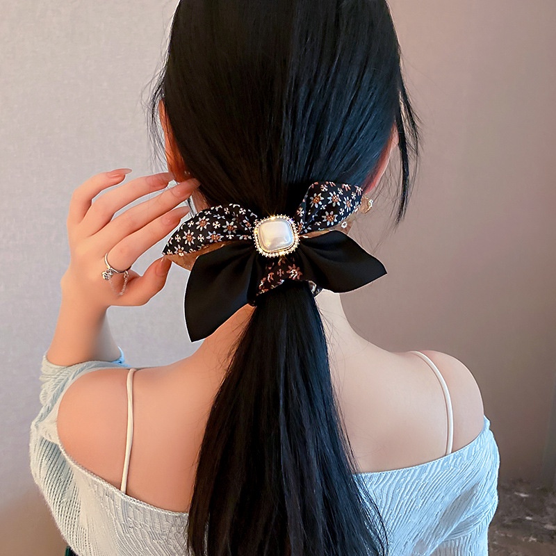 OIMG  Dây Cột Tóc Nơ Vải Màu Đen Đính Hạt Ngọc Trai