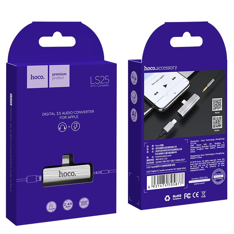 Jack chuyển đổi Hoco LS25 chính hãng - Bộ chuyển đổi âm thanh 2 in 1 Lightnng sang cổng sạc cổng tai nghe 3.5