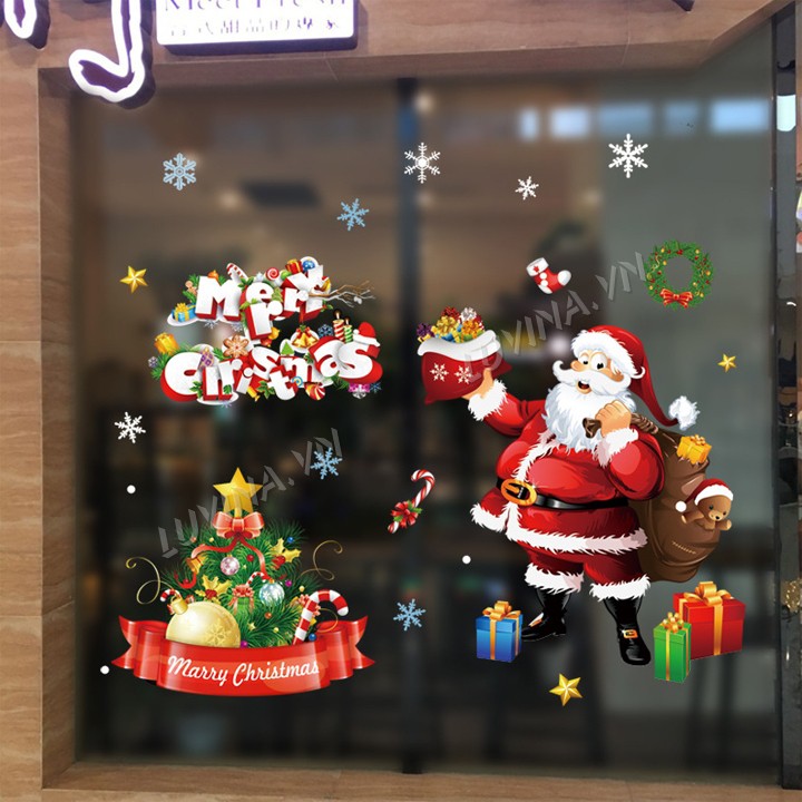 Decal dán kính noel Hàn Quốc- trang trí nhà cửa, văn phòng, quán cafe, cửa hàng-Ông già Noen phát quà