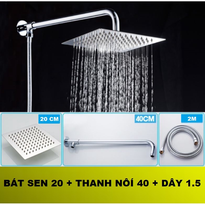 Đủ bộ bát sen VUÔNG  tắm đứng kèm dây nối bằng Inox sáng bóng tiện lợi gồm bát sen cần treo bát và dây sen