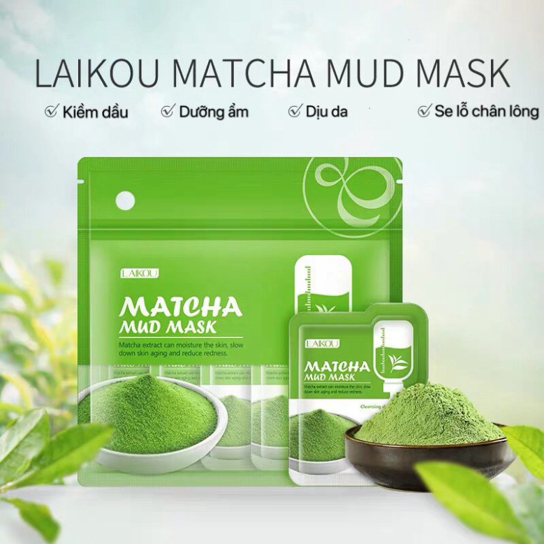 Mặt nạ bùn LAIKOU trà Long Tỉnh kiềm dầu sạch da cấp nước Matcha Mud Mask gói nhỏ tiện lợi du lịch LAIK27