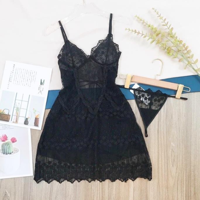 Váy ngủ sexy ngực kiểu úp sò ren hoa nhí cả đầm có lót trong hàng cao cấp | BigBuy360 - bigbuy360.vn