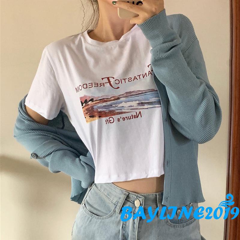 Áo Thun Croptop Tay Ngắn Cổ Tròn In Chữ Thời Trang Mùa Hè Cho Nữ