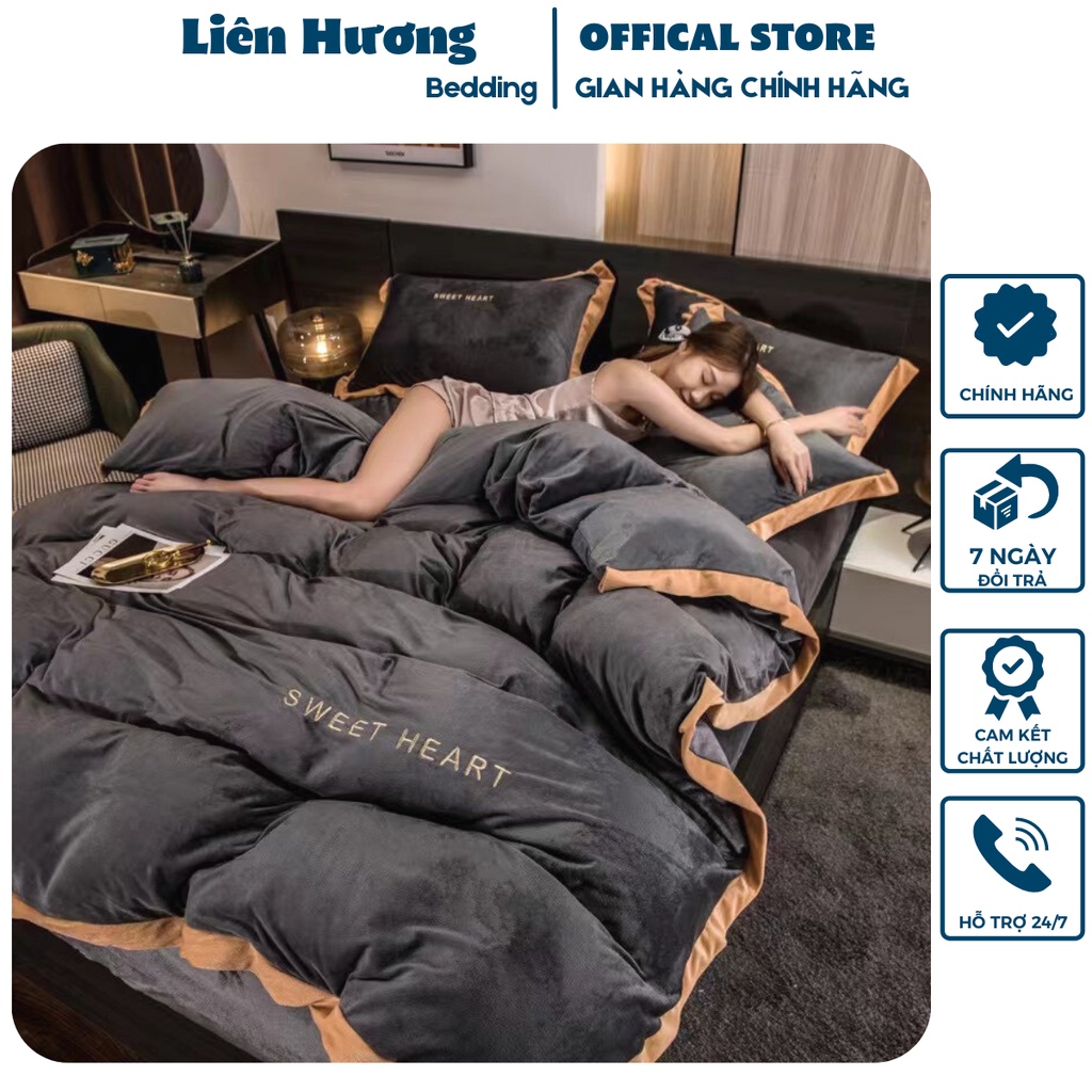 Bộ chăn ga gối nỉ nhung mịn thêu chữ 1 mầu 4 món_Loại 1_chất nỉ dầy dặn ấm miễn phí bo chun