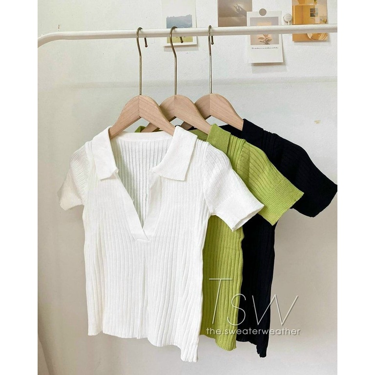 Áo croptop len trơn V cộc tay cổ bẻ