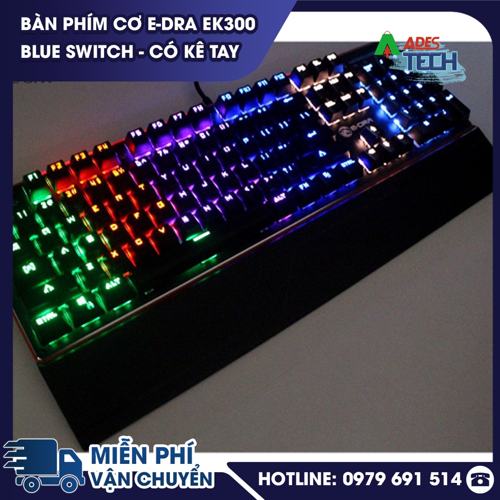 Bàn Phím Cơ EDRA EK300 - Blue Switch - CHỐNG NƯỚC - Có Kê Tay - LED RAINBOW - BH 24 tháng - CHÍNH HÃNG