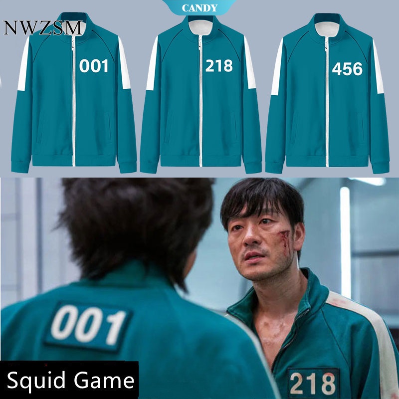 Bộ trang phục hóa trang Squid Game gồm áo khoác có dây khóa kéo và quần dài in số 456 dành cho nam nữ