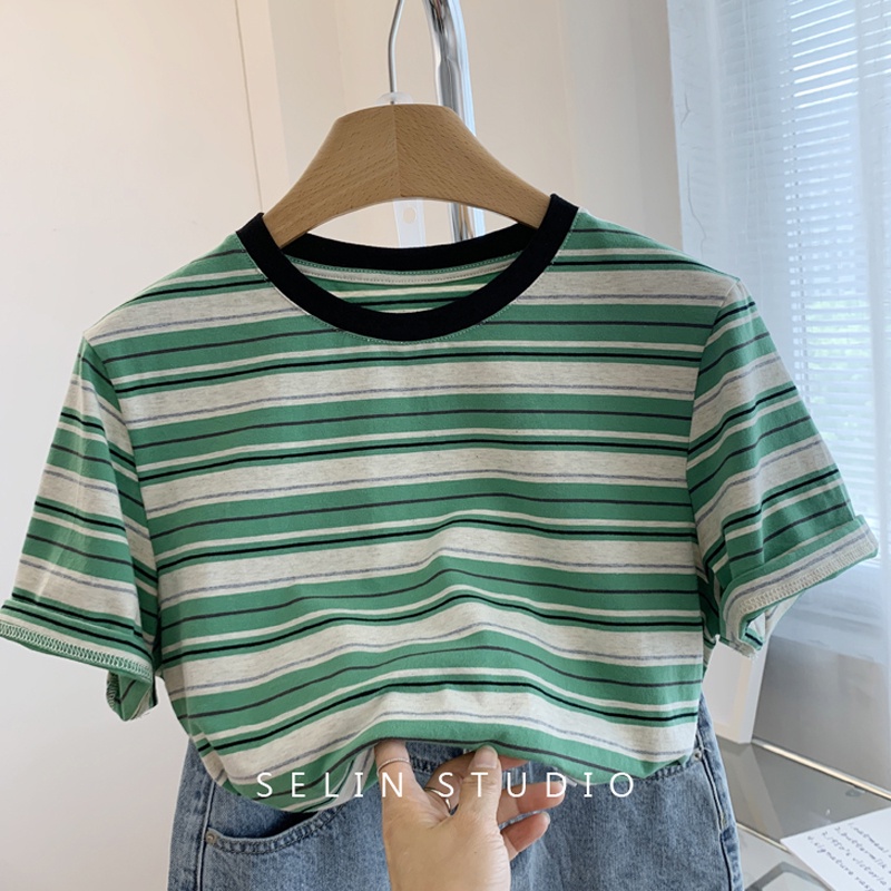 Áo Thun Tay Ngắn Cổ Tròn Họa Tiết Kẻ Sọc Phong Cách Hàn Quốc Thời Trang Cho Nữ