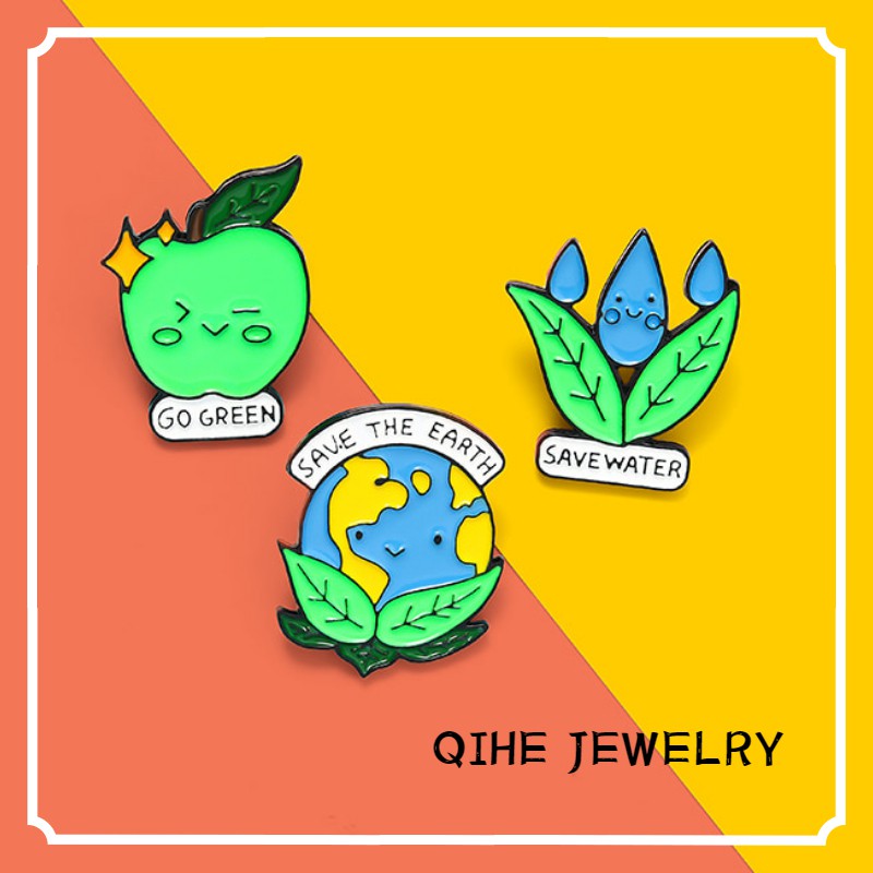 QIHEJEWELRY Green Environmental Protection Cartoon Brooch Earth Badge Gifts for Friends Clothing Accessories