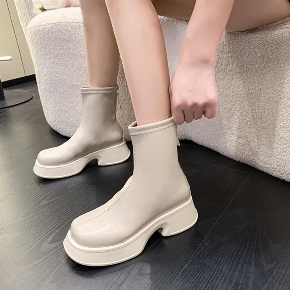 Giày bốt nữ, BỐT NỮ ĐẾ MÓC CÂU 2 màu đen kem, bốt lửng đế 5cm siu xinh- 2201