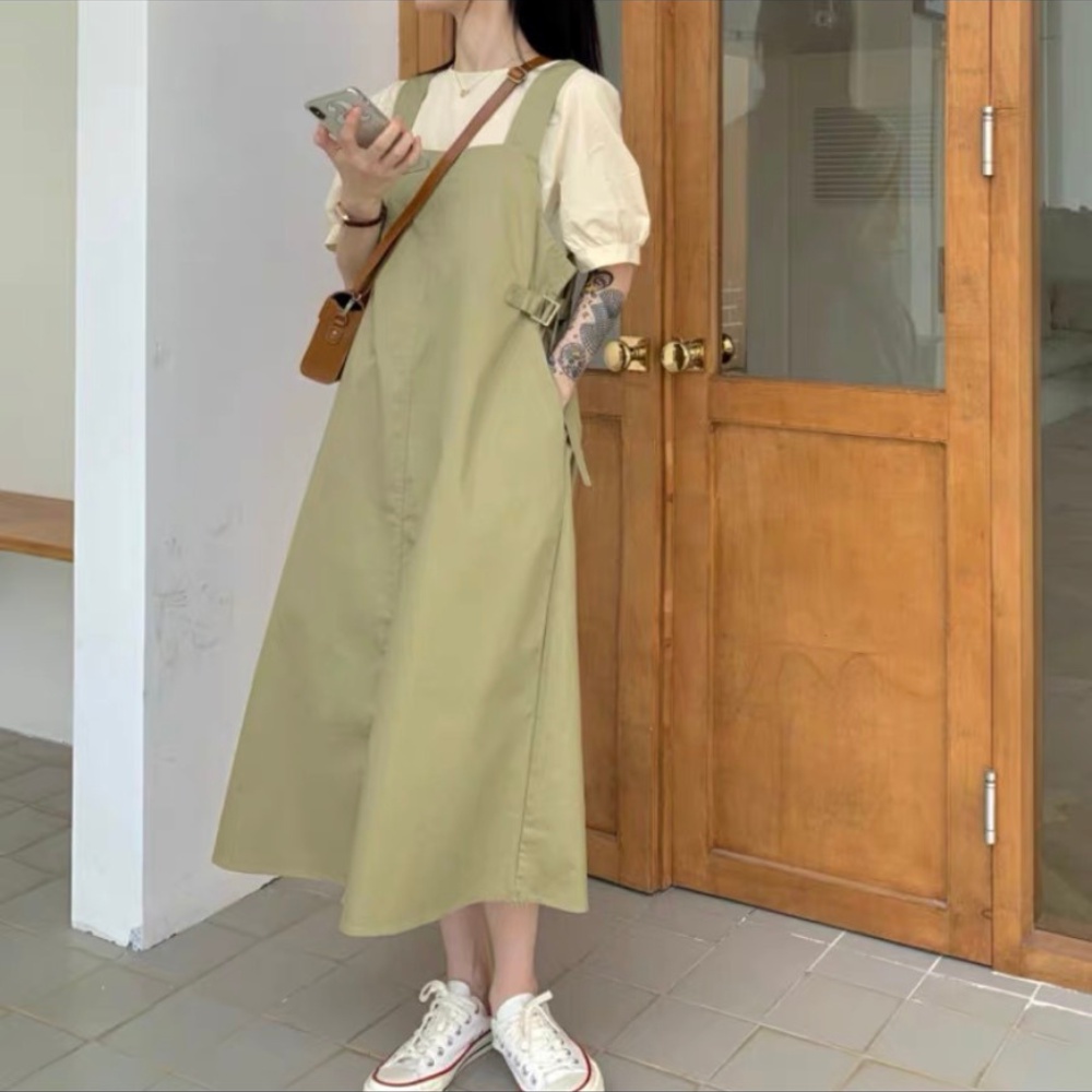 Váy yếm nữ kèm áo tay bồng đầm dự tiệc váy cưới phong cách tiểu thư Hàn Quốc hai màu đen, kaki thời trang