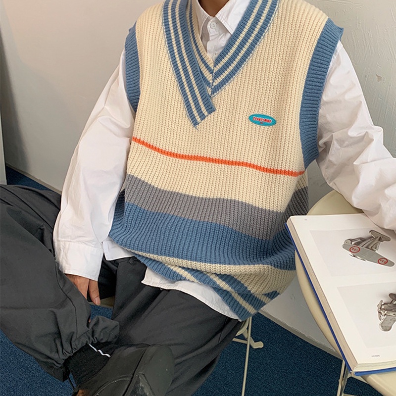 IELGY  Áo Len Không Tay Cổ Chữ V Màu Khối Thời Trang Dành Cho Nữ