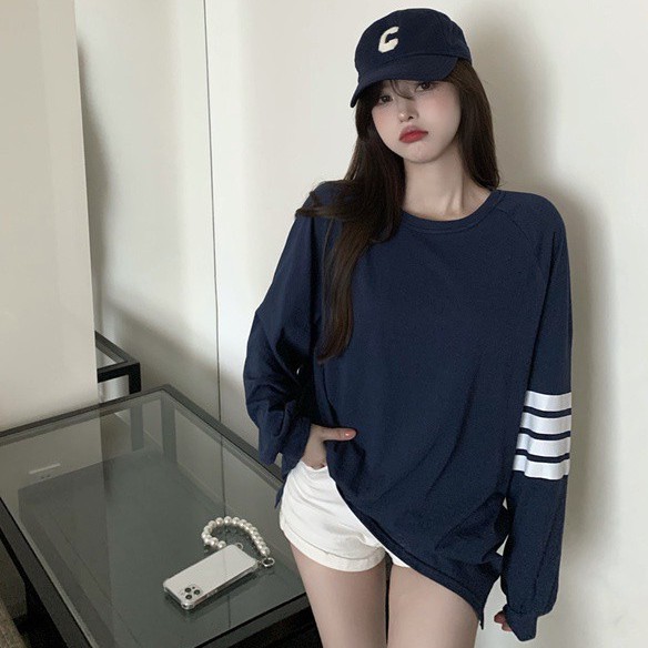 Áo thun COZOK tay dài dáng rộng màu tương phản phong cách Hàn Quốc dễ phối đồ