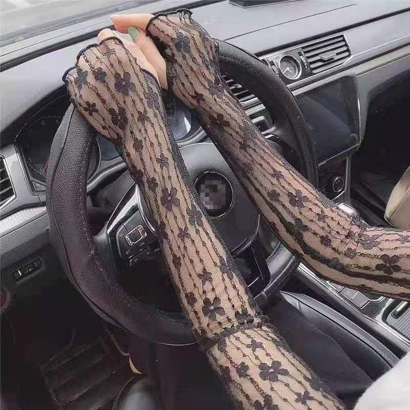 Găng Tay Lưới Ren Hoa Siêu Mỏng Co Giãn Chống Nắng Tia UV Màu Đen Thời Trang Mùa Hè Cho Nữ