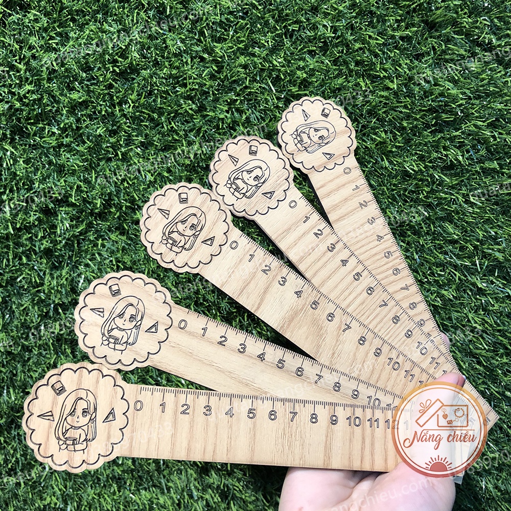 Thước gỗ khắc laser các hình ngẫu nhiên - Dụng cụ học tập khắc tên theo yêu cầu - Độ dài 15cm