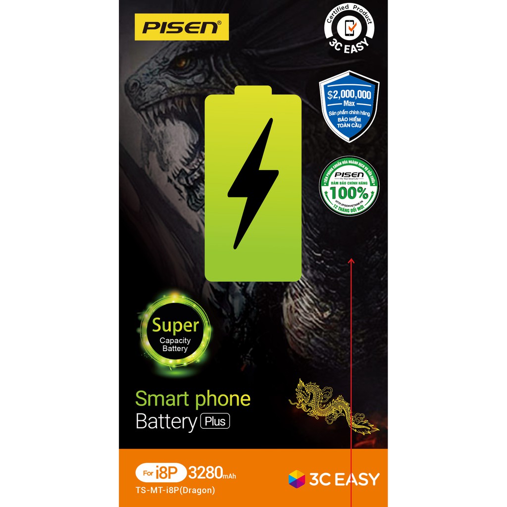 Pin Pisen Dragon Dung lượng siêu cao cho iphone 6/ 6s/ 6 plus/ 6s plus - 7/ 7 plus - 8/8plus - X - Hàng Chính Hãng