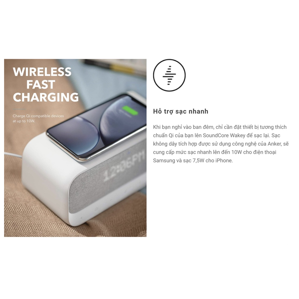Loa Bluetooth ANKER SOUNDCORE Wakey 10W | Hỗ Trợ Đài FM | Sạc Không Dây | Hiển Thị Giờ - A3300 Chính Hãng