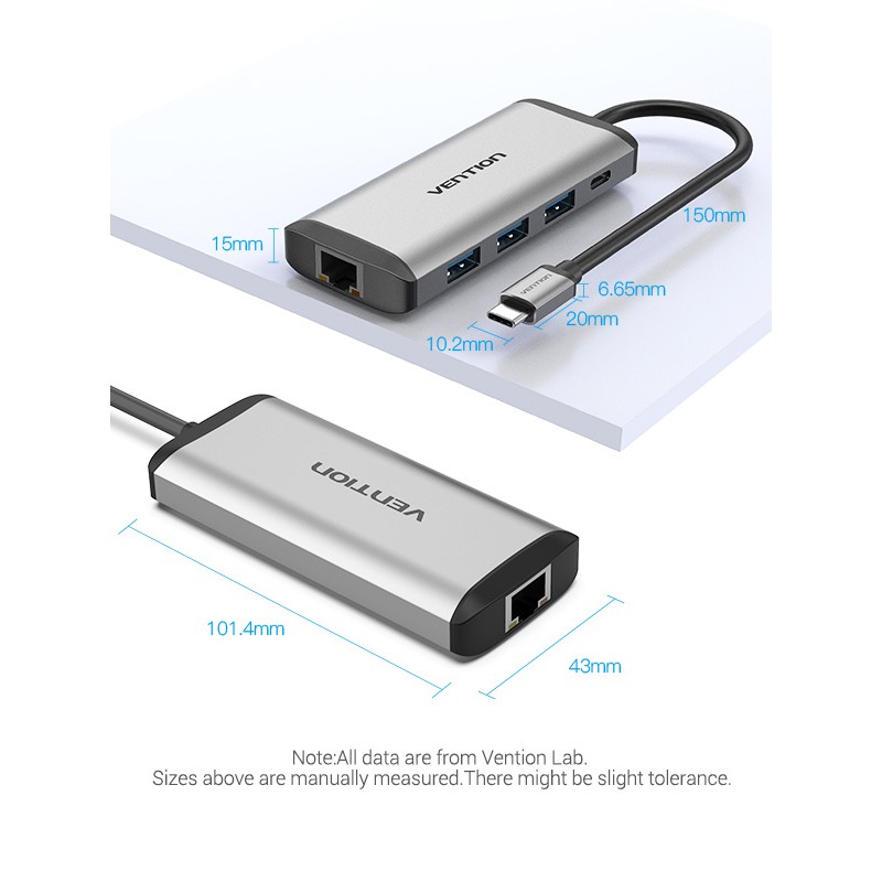 Cáp chuyển đổi Type-C ra LAN Gigabit 10/100/1000Mbps kèm 3 cổng USB 3.0 cao cấp chính hãng Vention TGDHB