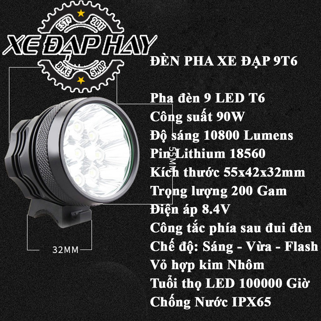 Đèn Pha Xe Đạp 9 LED T6 | Độ Sáng 10800 Lumens,Công Suất 90W |Pin Sạc Lithium 18560 X6 | Tuổi Thọ LED 10000 Giờ