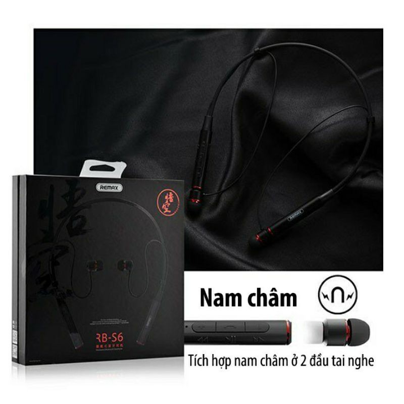 Tai nghe Bluetooth Remax RB-S6 / Remax S6 thể thao choàng cổ có 2 đầu hít nam châm chính hãng có bảo hành