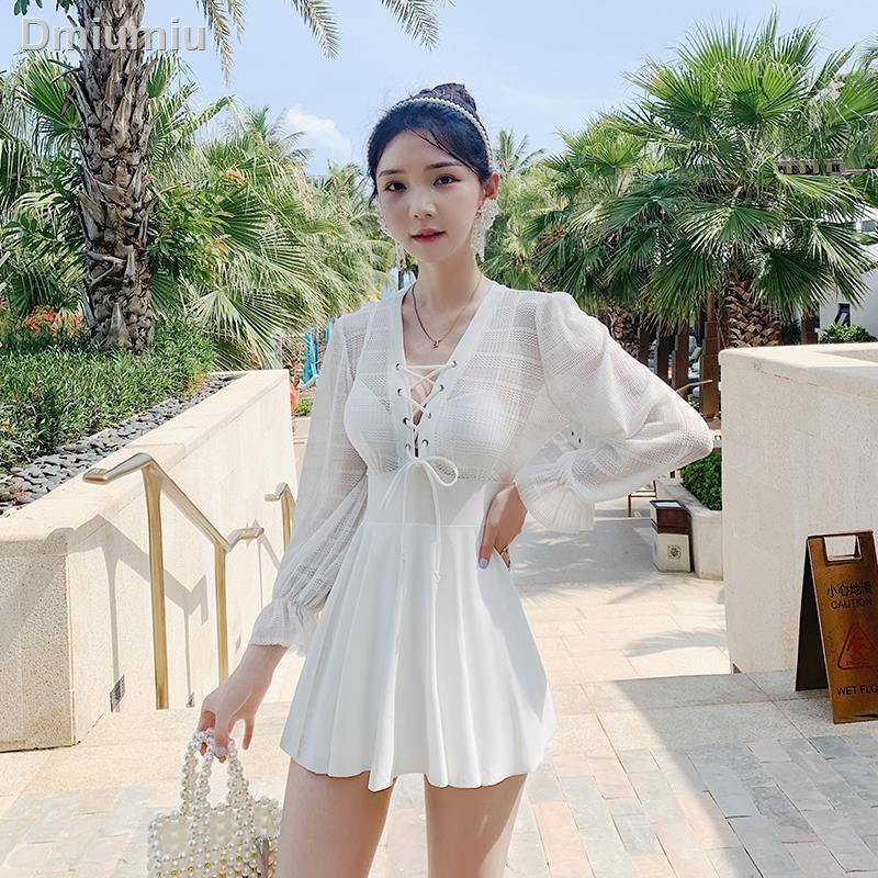 ●◄♨Phụ nữ suối nước nóng che bụng để lộ áo tắm một mảnh màu trắng dài tay kiểu cổ tích của người hâm mộ váy mỏng | BigBuy360 - bigbuy360.vn