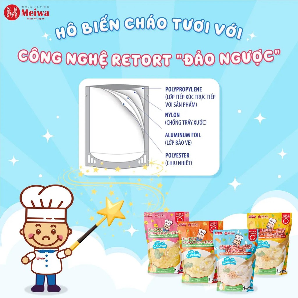 Cháo tươi Meiwa vị Cá hồi Hokkaido, Bắp, Phô mai 200g/gói