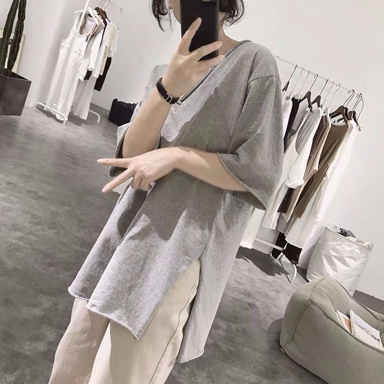 Áo Thun Cotton 95 Dáng Rộng Ngắn Tay Cổ Chữ V Lưng Uốn Xoăn Kiểu Hàn Quốc Thời Trang Mùa Hè Cho Học Sinh