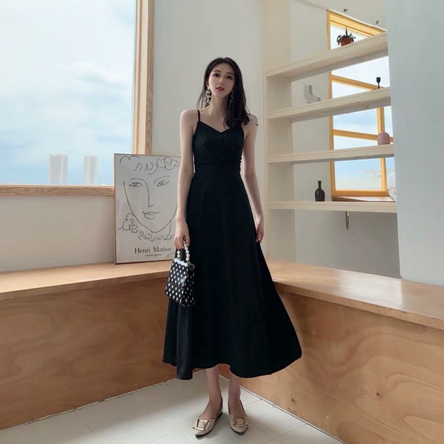 Váy đầm maxi 2 dây dáng dài xếp ly ngực cổ V bo chun lưng tiểu thư vintage boho nhiều màu