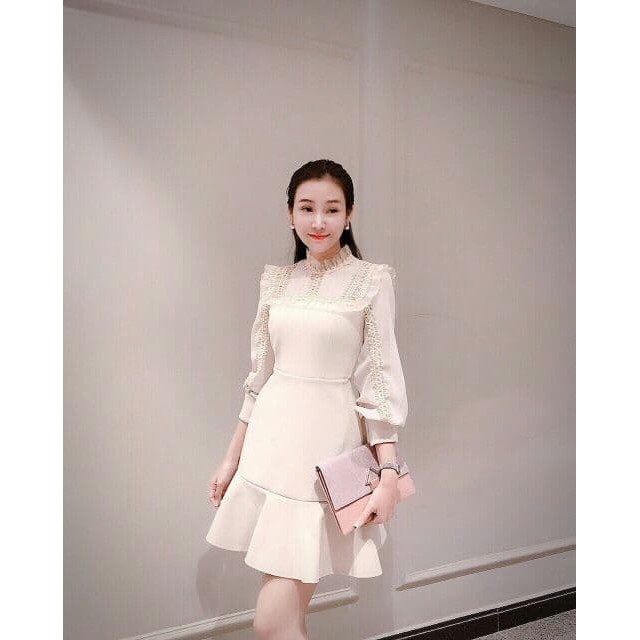 Đầm Công Sở Tiểu Thư Tay Dài, Đầm Dự Tiệc Phối Tay Ren Sang Trọng