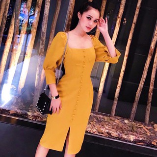 Đầm Váy vàng cam nút bọc