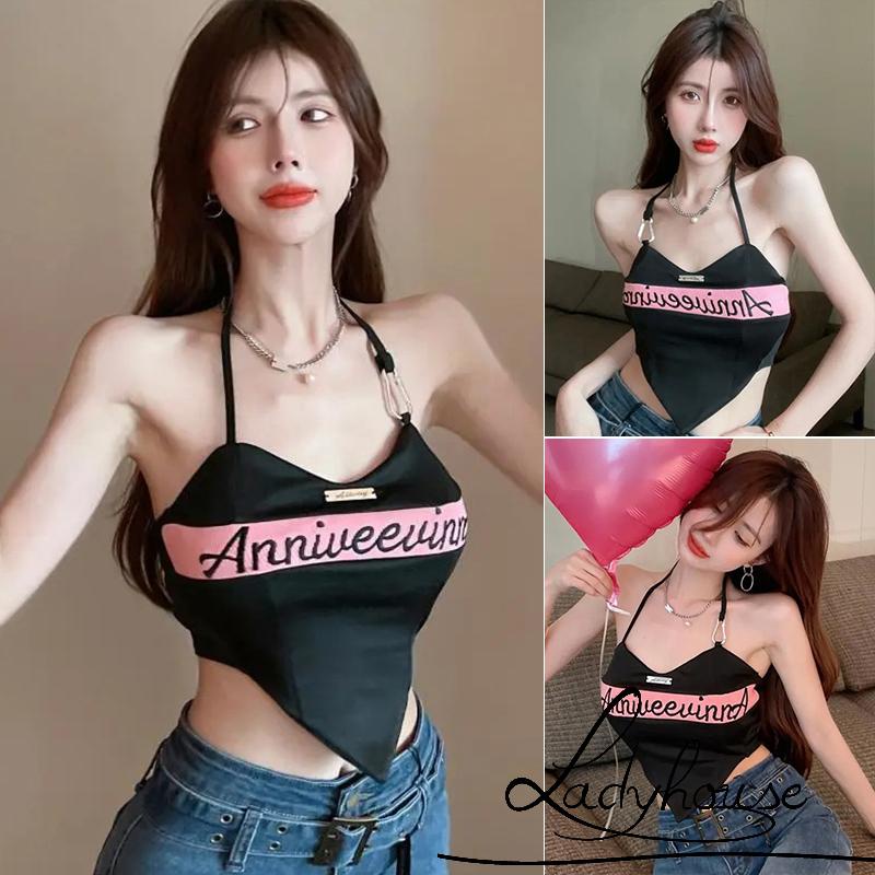 Áo Croptop Cổ Chữ V Thêu Họa Tiết Chữ Thời Trang Mùa Hè Cho Nữ