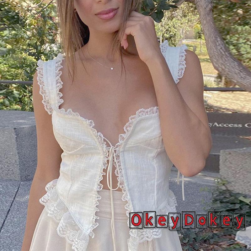 Áo Crop Top Cổ Chữ V Viền Ren Màu Trắng Dễ Thương Thời Trang Hàn Quốc Cho Nữ OKDK-y2k