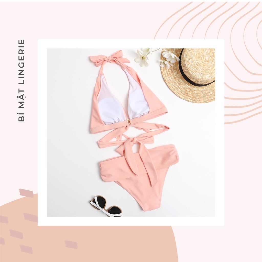Bikini đồ bơi che bụng thắt nơ eo buộc tua rua ngực basic tôn dáng