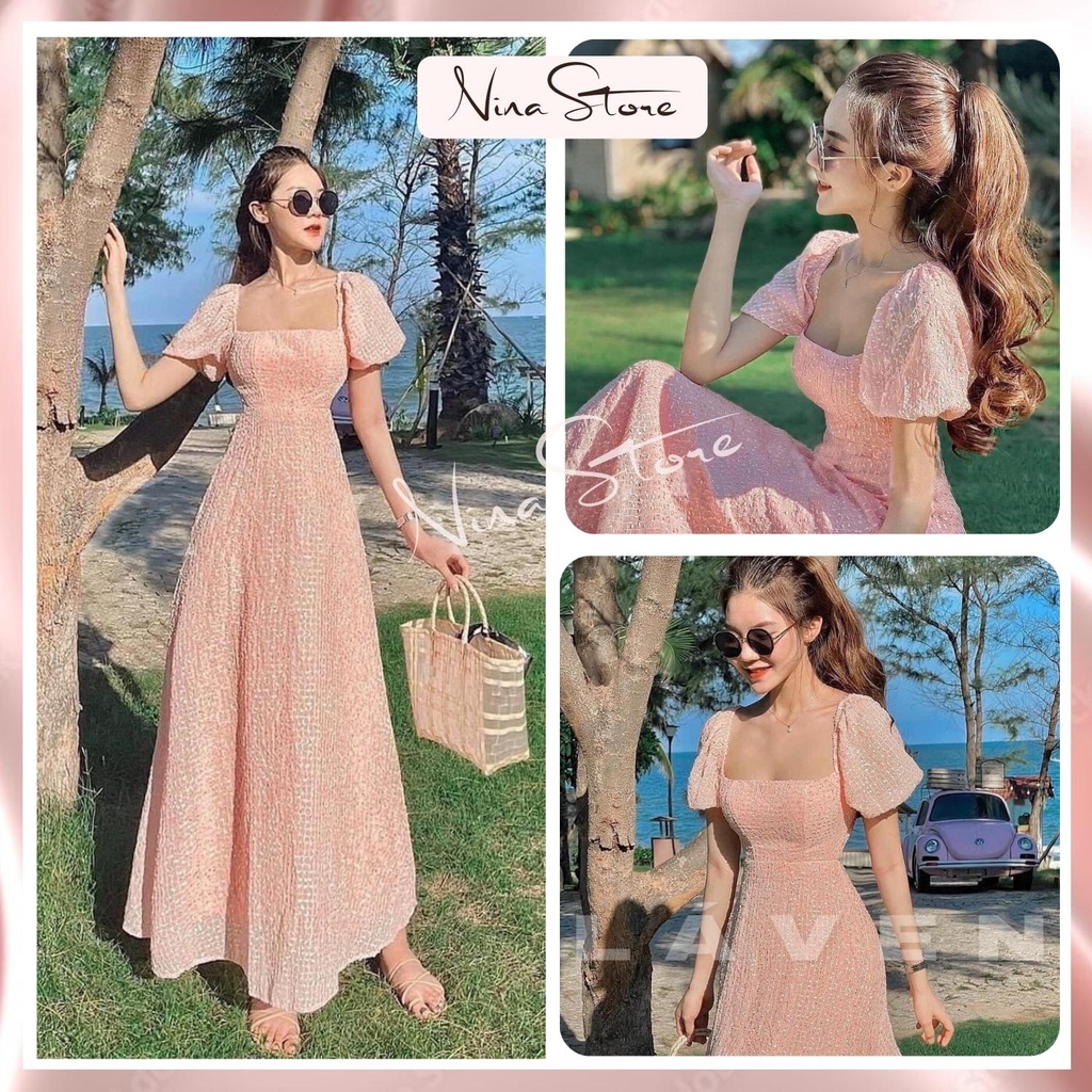 Váy nữ maxi hở lưng tay bồng đầm nữ dài chất ren màu hồng pastel nhẹ nhàng phù hợp đi biển NinaStore