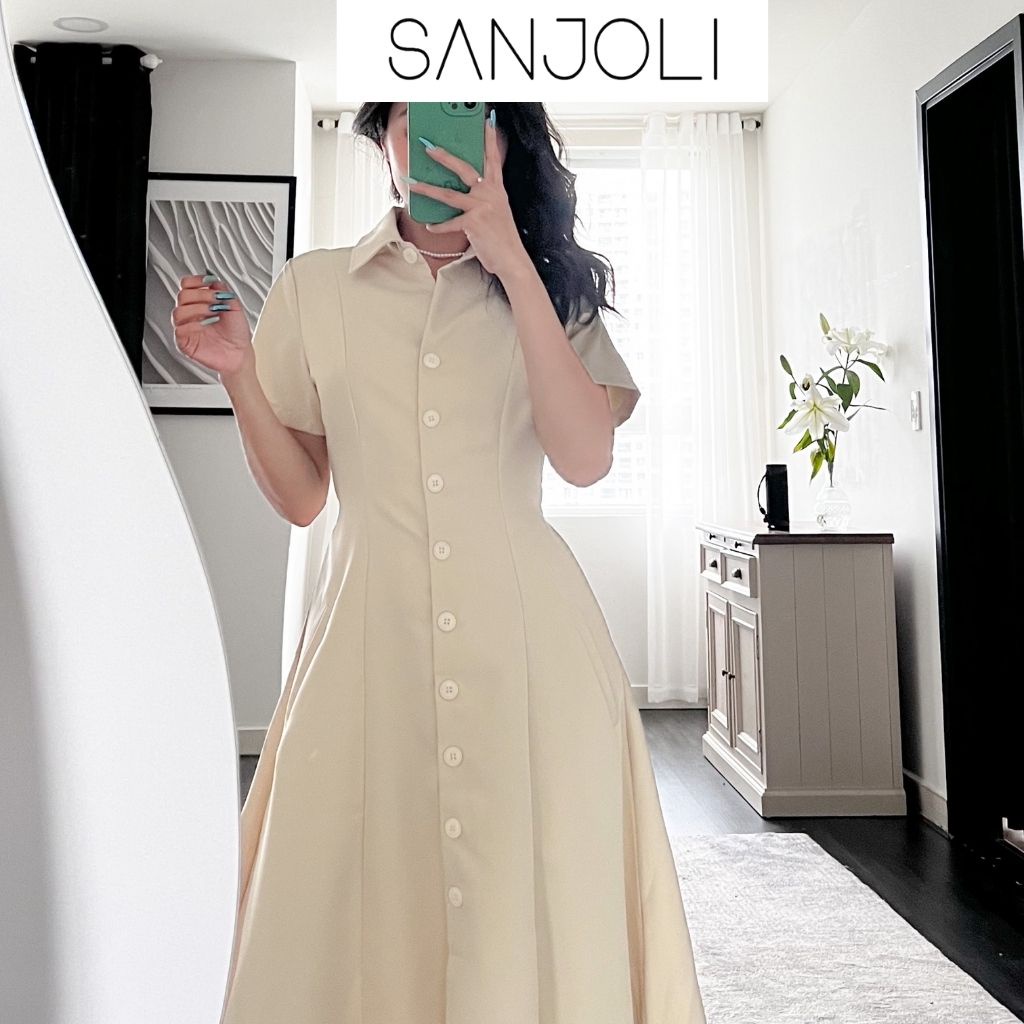 Váy sơ mi maxi Sanjoli dáng dài xòe tay ngắn có hàng nút phong cách hàn quốc vintage VD033
