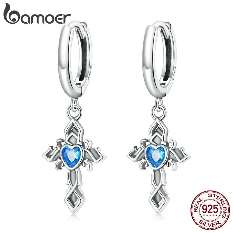 Khuyên tai nữ BAMOER BSE614 bạc 925 mặt hình chữ thập thời trang