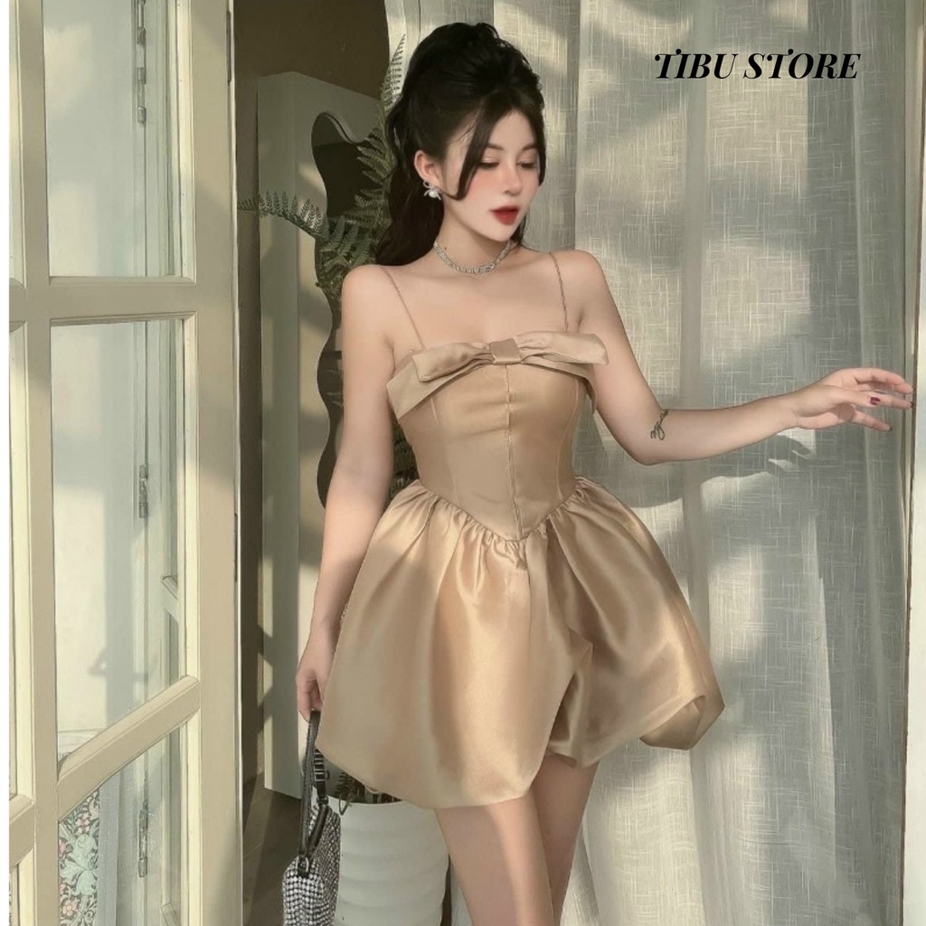 Đầm body hai dây đuôi bí Tibu, váy nữ xoè dáng ôm phối nơ (có mút) dự tiệc, đi chơi siêu xinh
