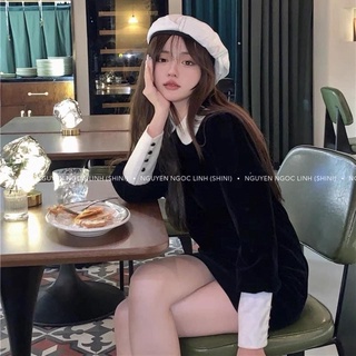 Váy nhung đen cổ bèo