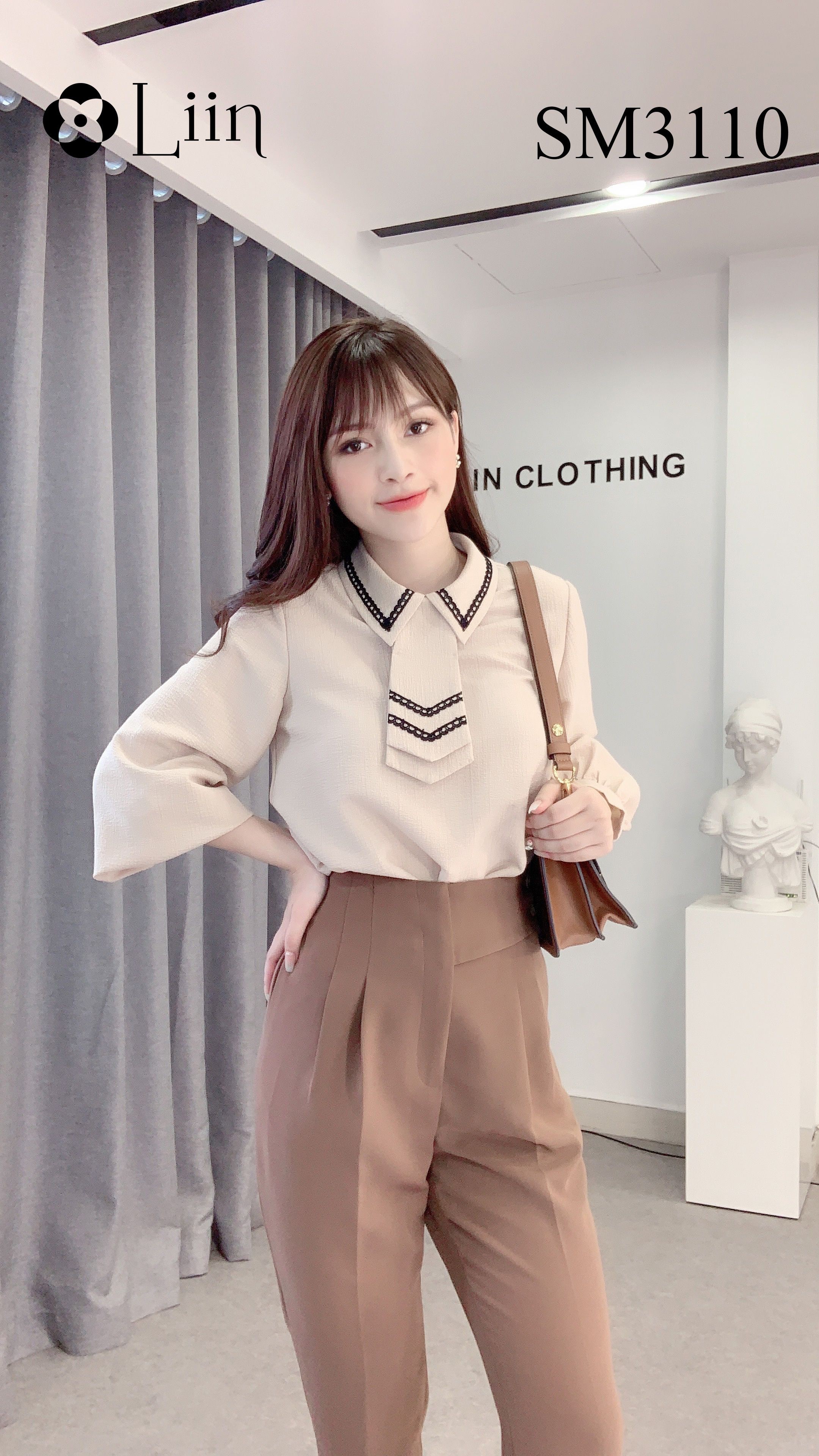 Áo sơ mi màu Be kết hợp Cavat chất vải lụa cao cấp Liin Clothing SM3110