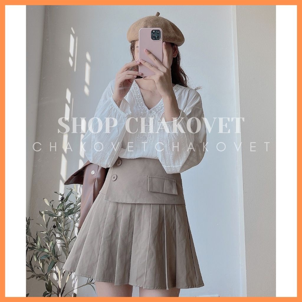 Áo sơ mi nữ cổ chữ V tay dài màu trắng CKA889, kiểu áo babydoll nữ tay phồng thiết kế cúc bọc phối ren cổ đẹp cá tính