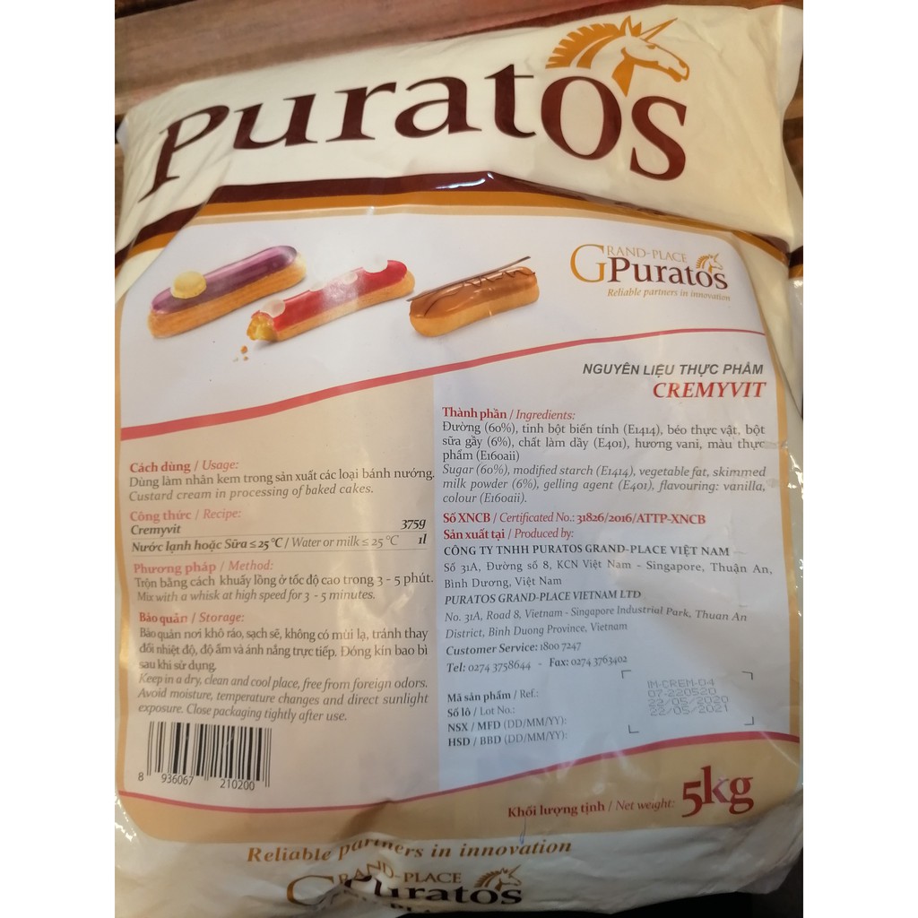 [TÚI LỚN 5Kg – CREMYVIT ] BỘT TRỘN NHÂN KEM SU [VN] PURATOS Custard Cream Mixes