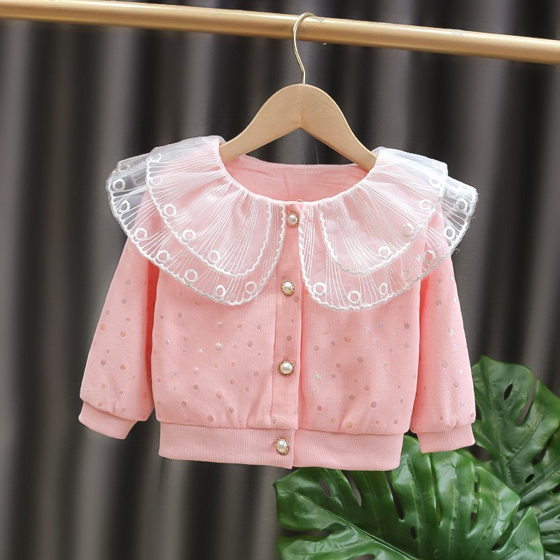 Áo khoác bé gái size 6-16kg họa tiết chấm bi phối cổ ren điệu đà  AK25
