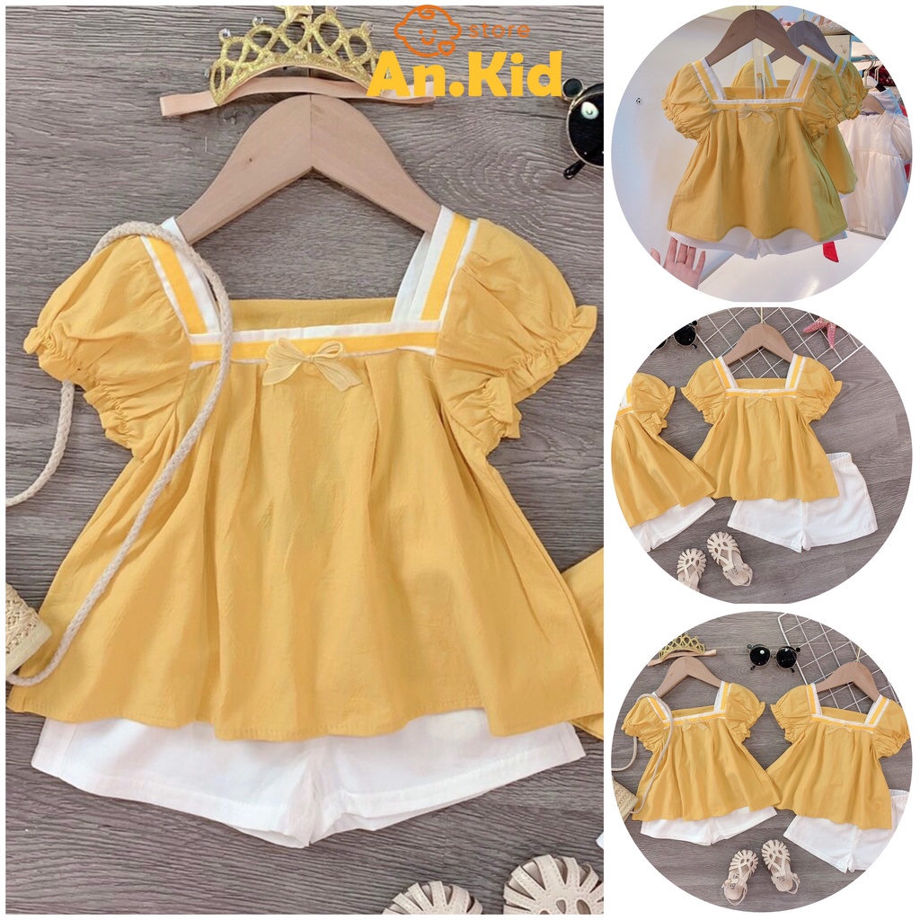 Bộ Đồ Cho Bé Gái Vải Thô Đũi Mềm Cổ Vuông Đính Nơ, Đồ Bộ Cho Bé Gái Quần Áo - AN.KID