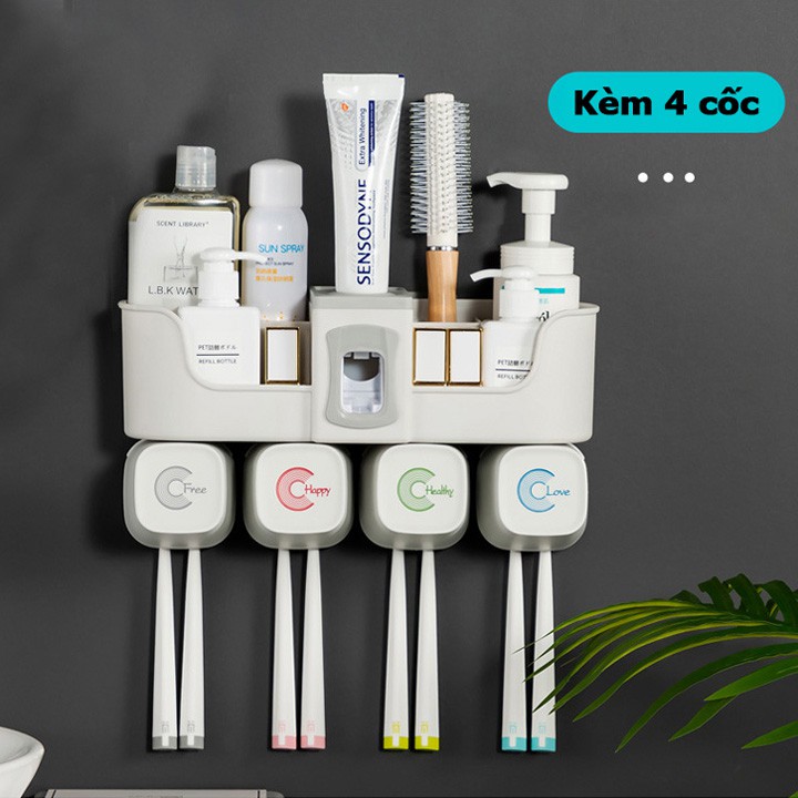 Kệ happy để đồ nhà tắm treo bàn chải đánh răng nhả kem tự động tặng kèm cốc