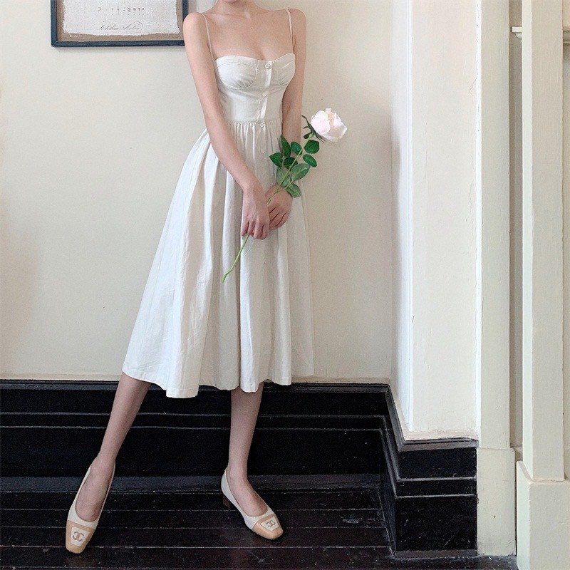 Đầm hai dây xòe cúp ngực trắng kèm ảnh thật