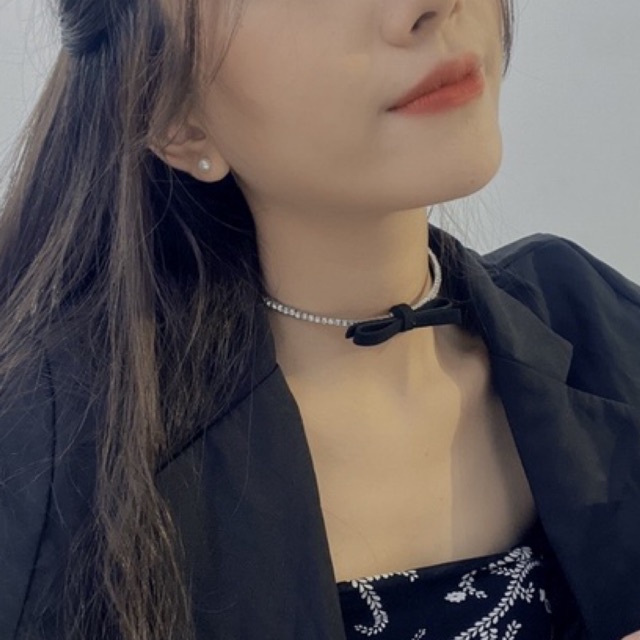 Choker đính đá thắt nơ - Vòng cổ đính đá thắt nơ đen